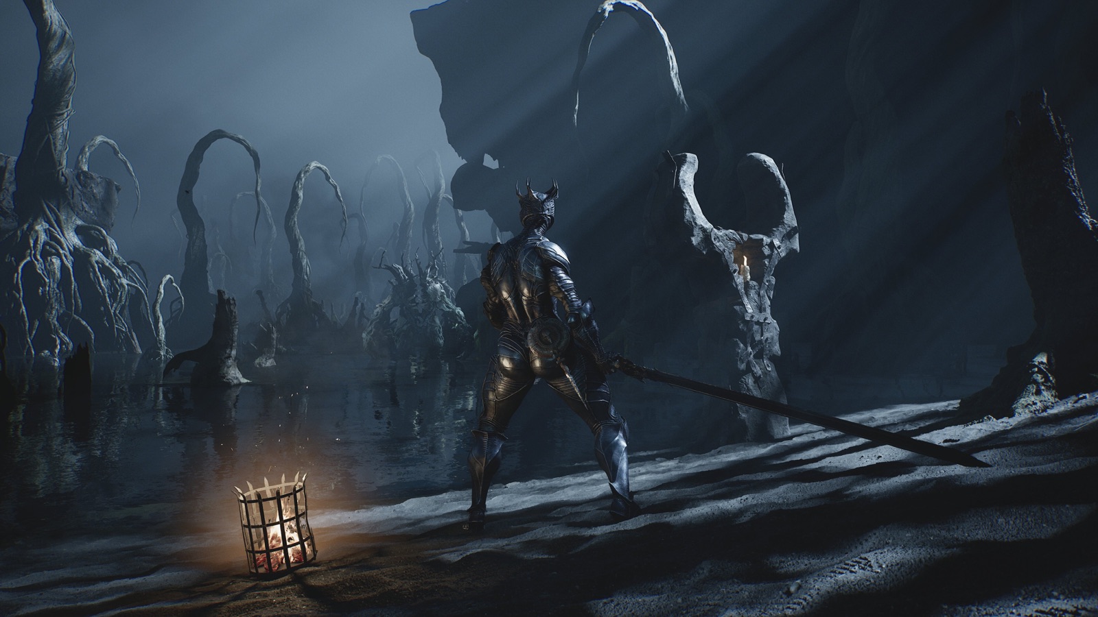 Armored Shell standing in a flooded grove in Mortal Shell 2, official screenshot