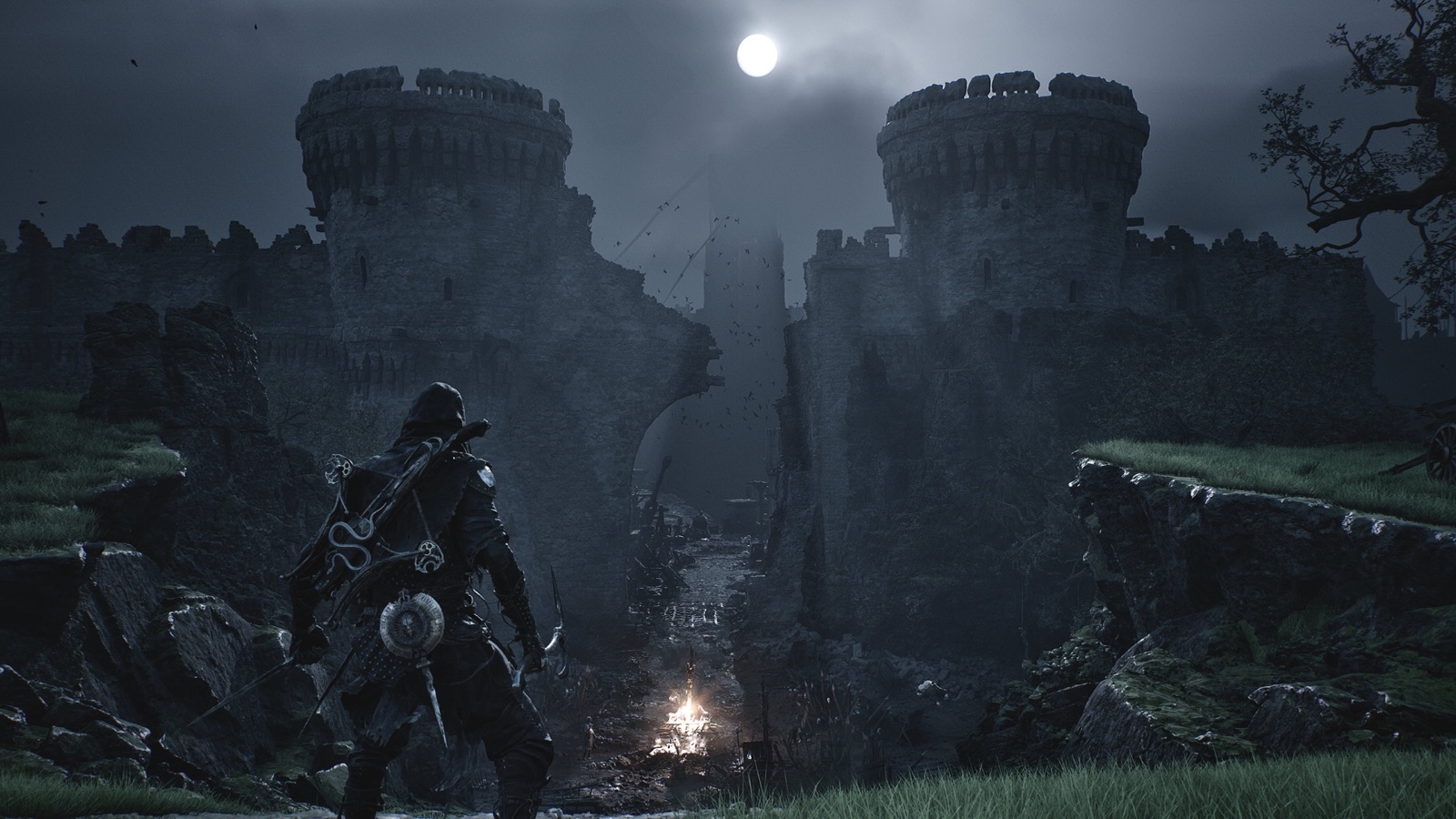 Hooded warrior overlooking a ruined twin-tower fortress under moonlight in Mortal Shell 2