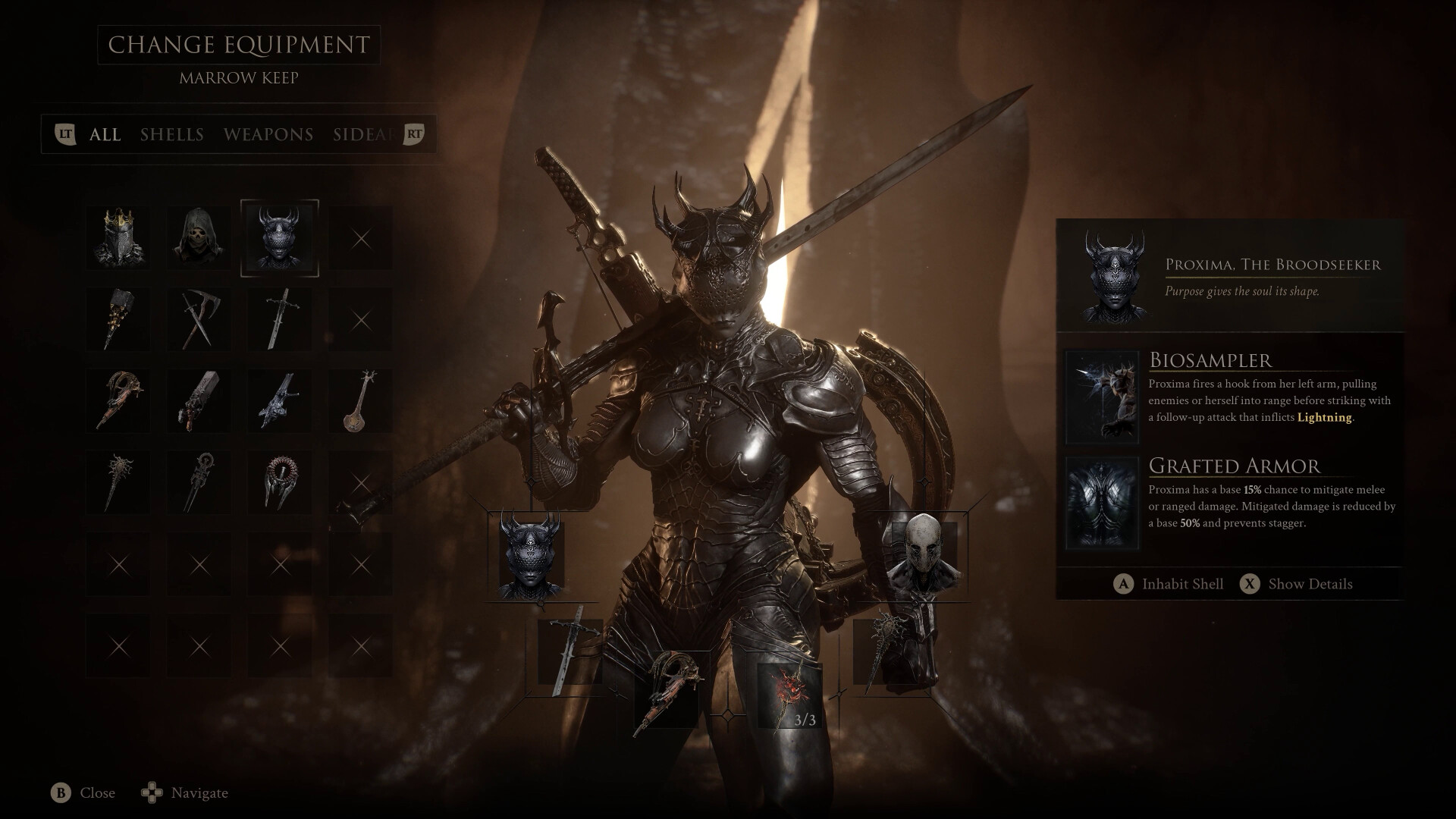 Official Mortal Shell II screenshot: a Harbinger facing an armored enemy in a dark stone environment